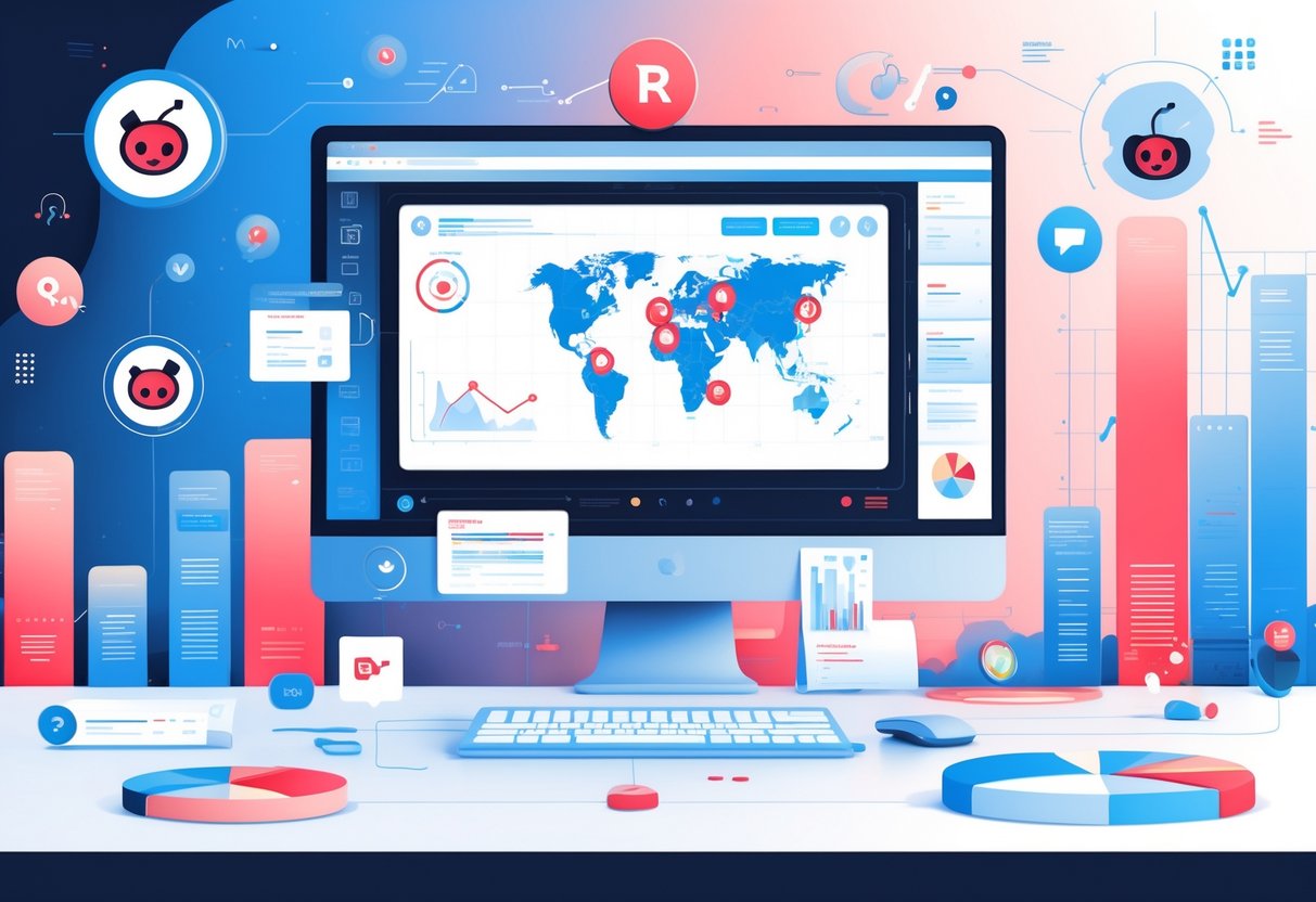 A digital workspace showing a computer screen with a map and geo-targeting markers, surrounded by data charts and Reddit-themed icons representing targeted social media marketing.