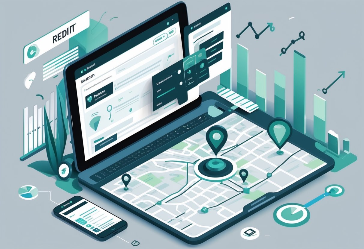 A digital map with location markers and a device showing location-based Reddit content, surrounded by data charts and analytics icons.