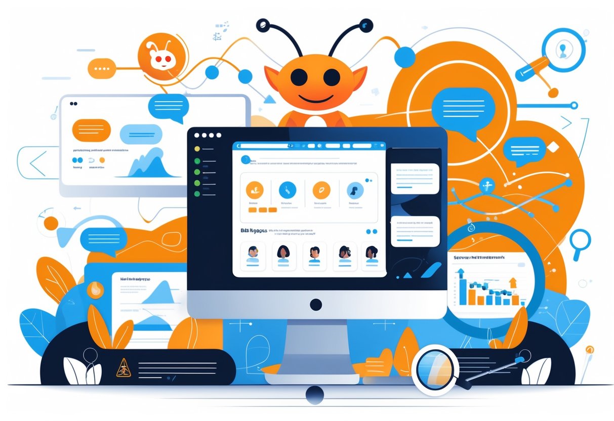 A digital workspace showing a computer screen with a Reddit interface surrounded by icons representing community interaction, user profiles, and data charts symbolizing lead generation.