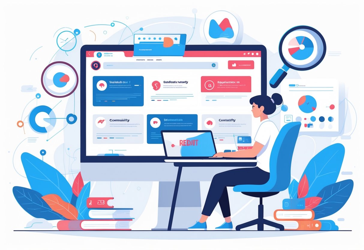 A person working at a desk looking at a computer screen showing various subreddit icons and data symbols representing research and analysis.