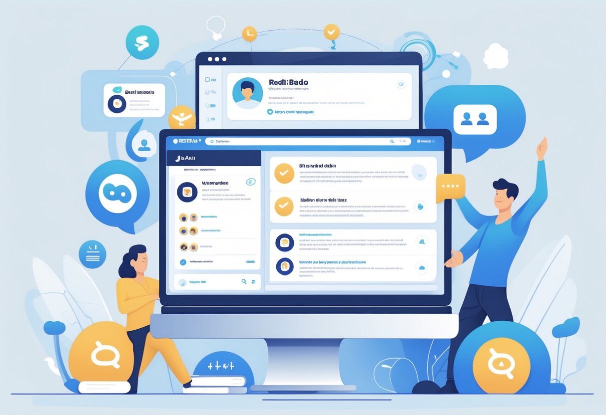 A digital workspace showing a computer screen with a well-optimized Reddit profile surrounded by icons representing lead generation and community engagement.