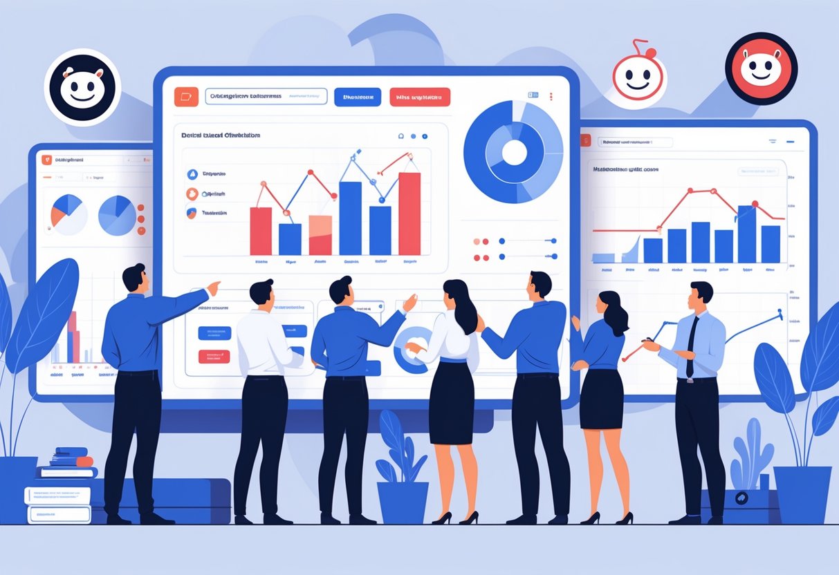 A team of professionals in an office analyzing data on digital screens showing graphs and charts related to lead generation from Reddit.