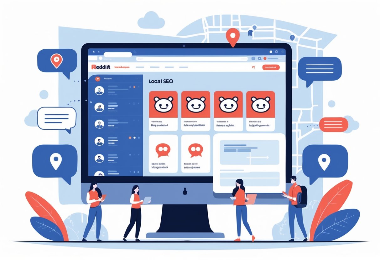 A computer screen showing a Reddit interface with icons representing local community groups, surrounded by location pins and user avatars indicating online interaction.