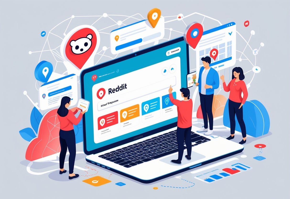 People interacting with a laptop showing Reddit surrounded by local business icons and map pins, illustrating local SEO and community engagement.