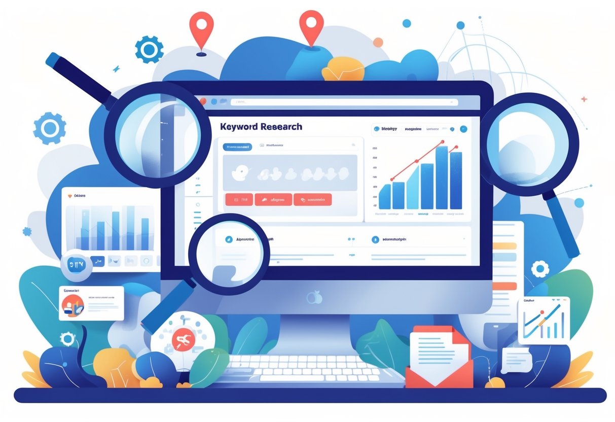 A workspace showing a computer with a Reddit interface, surrounded by icons representing keyword research, local location pins, and SEO analytics.