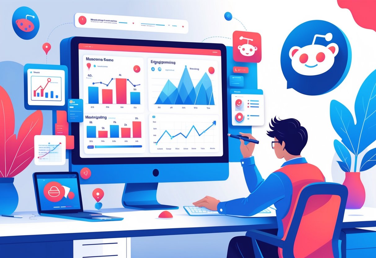 A person analyzing data on a computer screen showing charts and maps related to Reddit and local SEO in an office setting.
