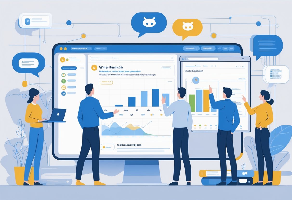 People collaborating in an office setting using a large digital screen and laptops to analyze online discussions and data for market research.