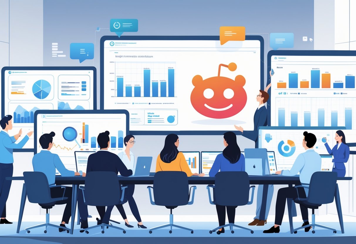 A group of professionals in an office analyzing data on screens, including social media analytics with a Reddit logo, around a conference table.