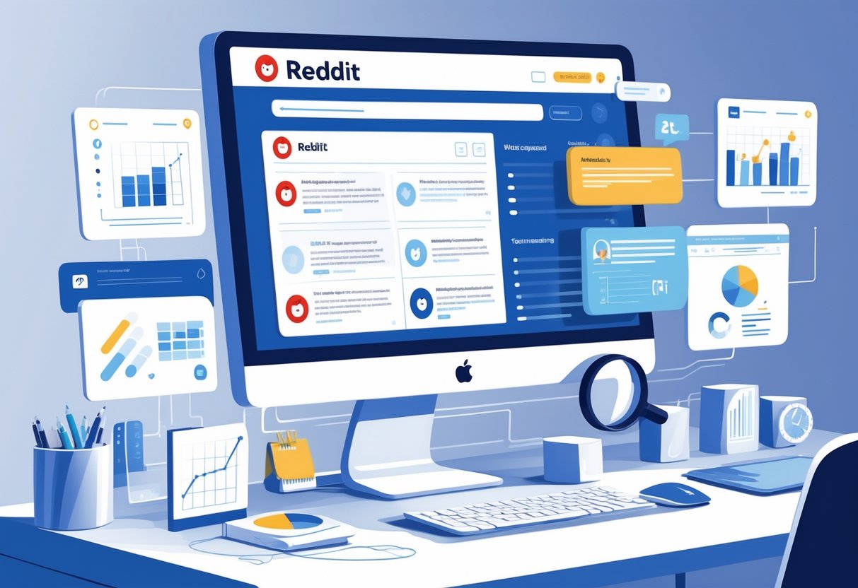 A workspace with a computer showing a Reddit-style interface, surrounded by charts, graphs, and data analysis tools representing market research.