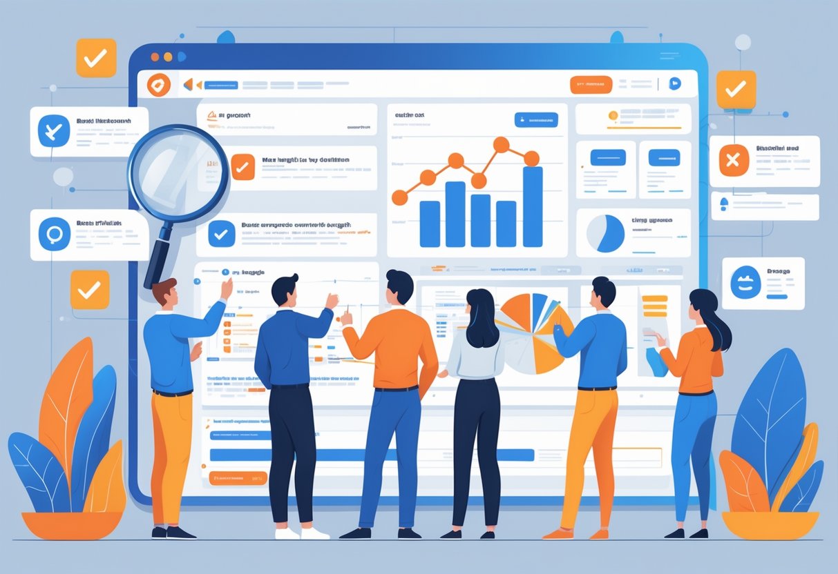 People collaborating around a large digital screen showing a Reddit-like interface with charts and icons representing market research insights and common mistakes.