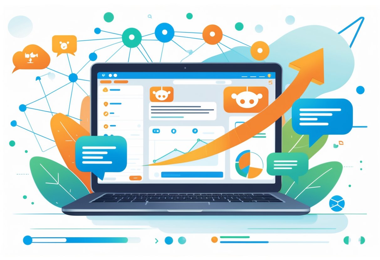 A digital workspace with a laptop showing a Reddit-themed interface surrounded by arrows, network nodes, and speech bubbles representing online community engagement and organic traffic growth.