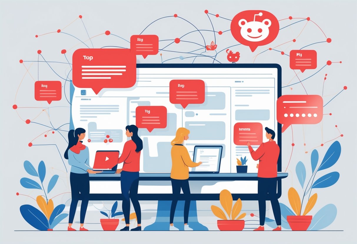 A group of people interacting with digital screens and speech bubbles, representing online community engagement and information sharing.