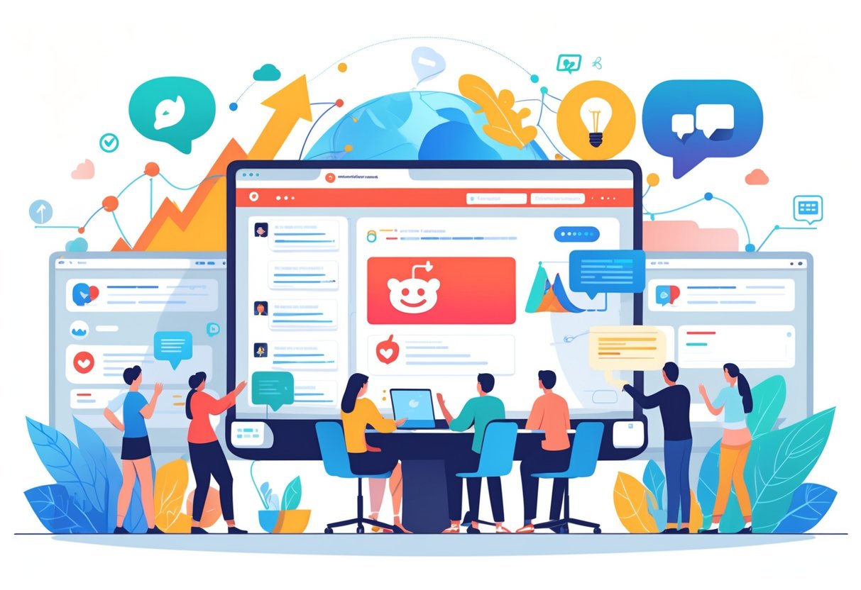 A group of people collaborating around a computer screen showing a Reddit interface with graphs and icons representing online engagement and growth.