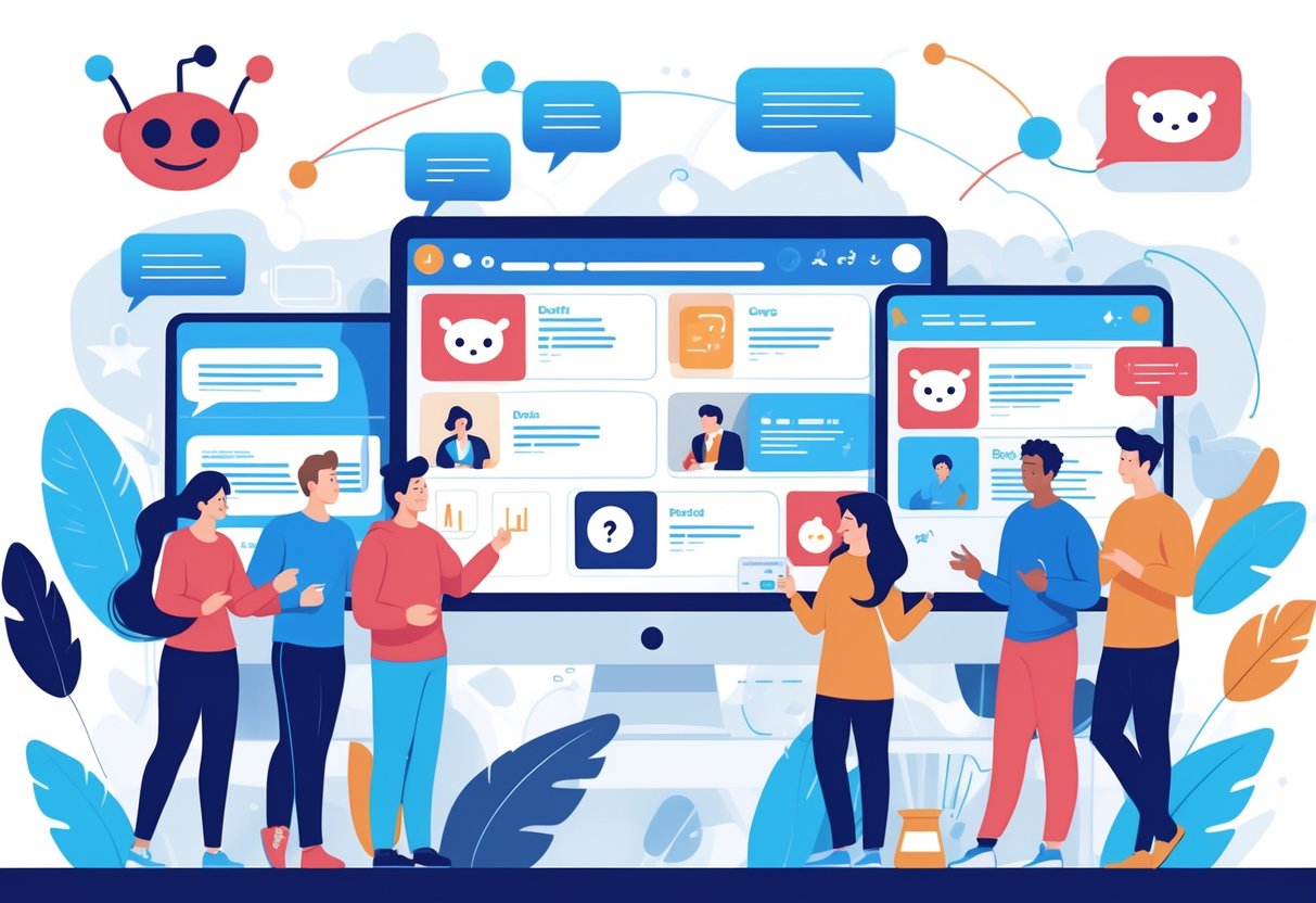 A group of people engaging in an online question-and-answer session on computers and mobile devices, with speech bubbles and icons representing community interaction and growth.