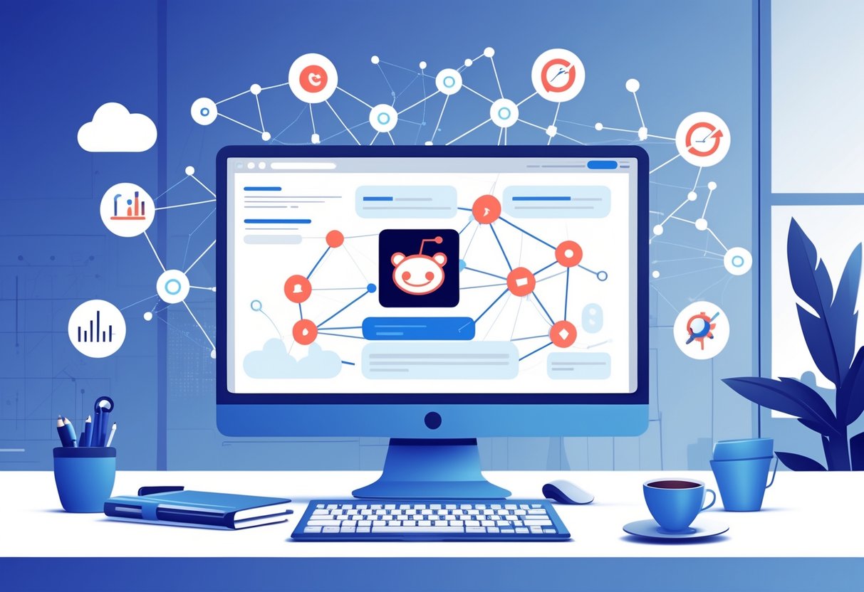 A computer screen showing a network of connected links with the Reddit logo, surrounded by SEO-related icons in a modern office setting.