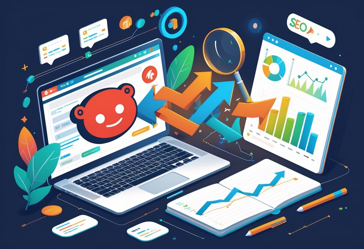 A workspace showing a laptop with Reddit interface connected by arrows to SEO charts and graphs on a notebook, symbolizing the integration of Reddit activity with SEO strategy.