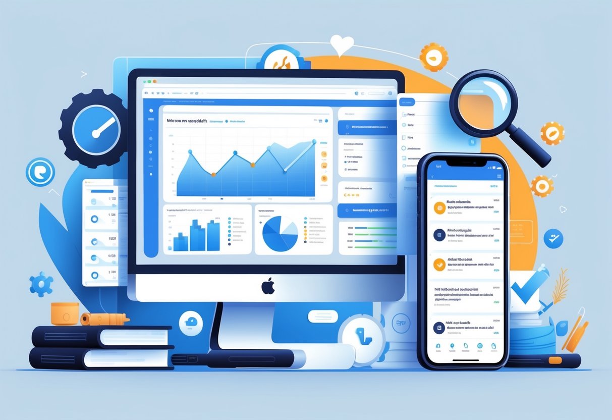 A digital workspace showing a computer with SEO analytics and a smartphone displaying Reddit discussions, surrounded by icons representing tools, measurement, and compliance.