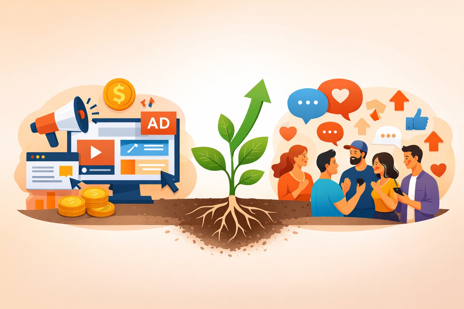 Illustration showing digital ads on one side and people engaging on the other, connected by a growing arrow symbolizing long-term growth.