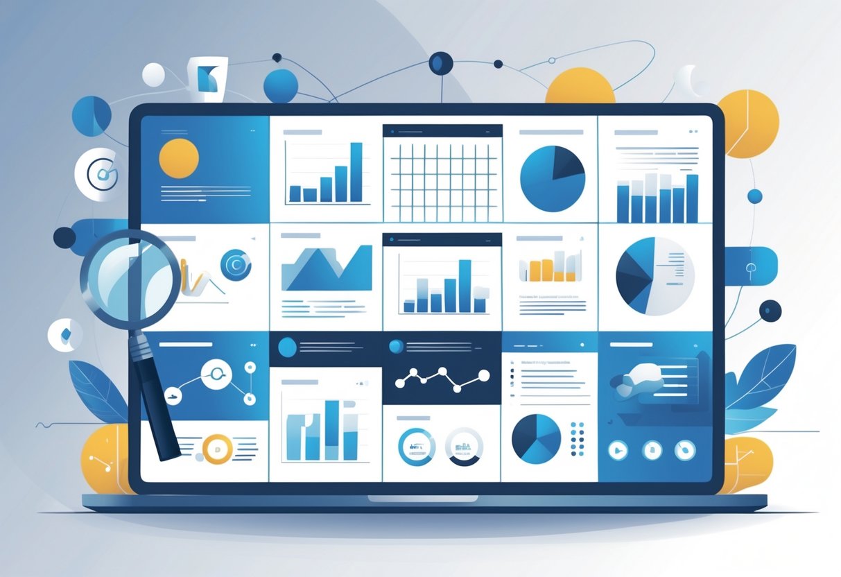 A detailed illustration of a structured matrix with charts, graphs, and interconnected nodes representing analysis frameworks for evaluating Reddit competitors.