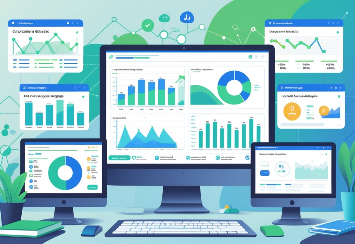 A workspace with multiple screens showing charts and graphs analyzing competitor and brand performance data related to Reddit.