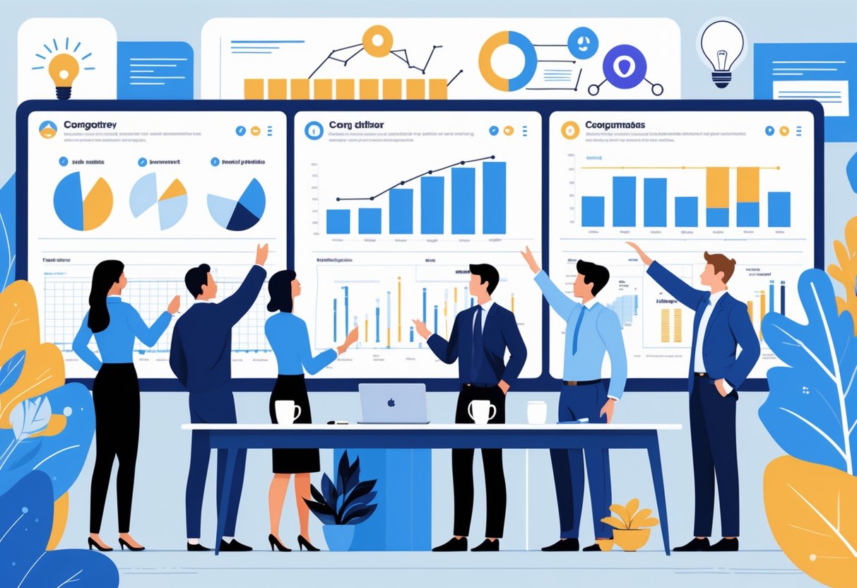 A team of professionals analyzing data and charts on large screens in an office, collaborating on marketing strategy using social media competitor insights.