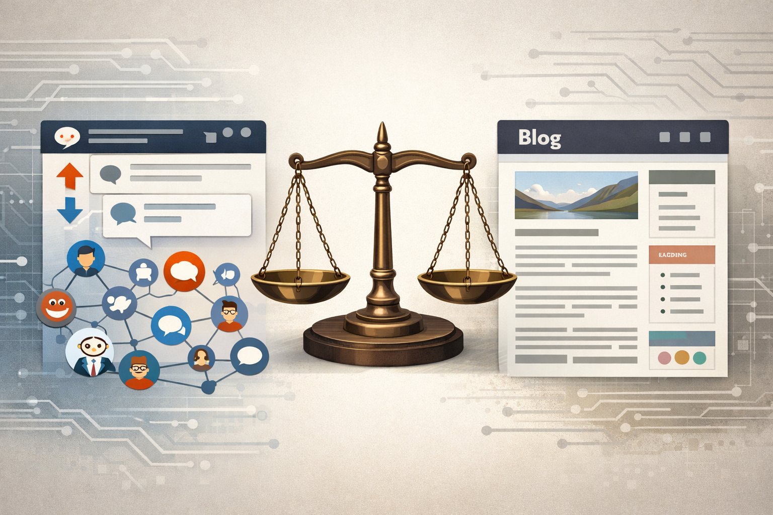 A balanced scale between two digital platforms, one showing a social discussion network and the other a structured blog page, representing comparison for building online authority.