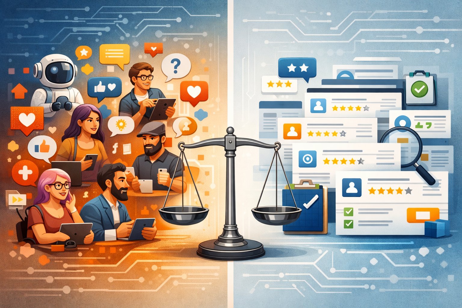 Illustration showing a comparison between a lively online community and an organized software review platform, representing two different approaches for software buyers.