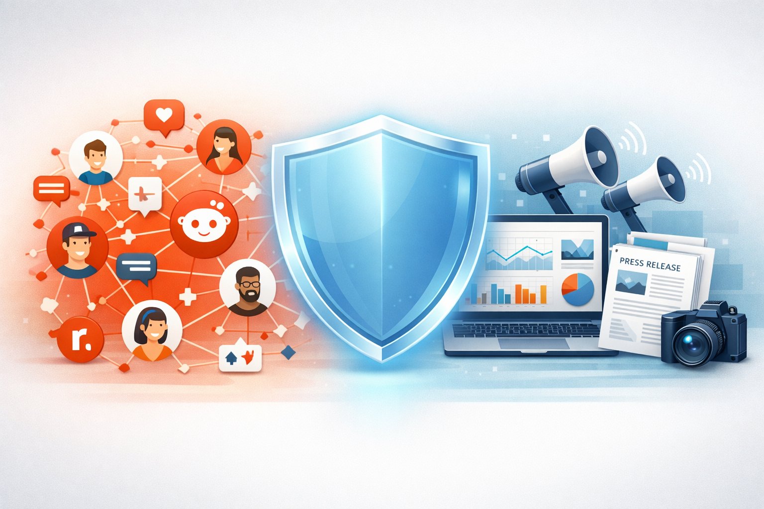 An illustration showing two sides: one with connected user icons and speech bubbles representing Reddit, and the other with a laptop, documents, and megaphones symbolizing Digital PR, both overlapping with a glowing shield representing brand trust.