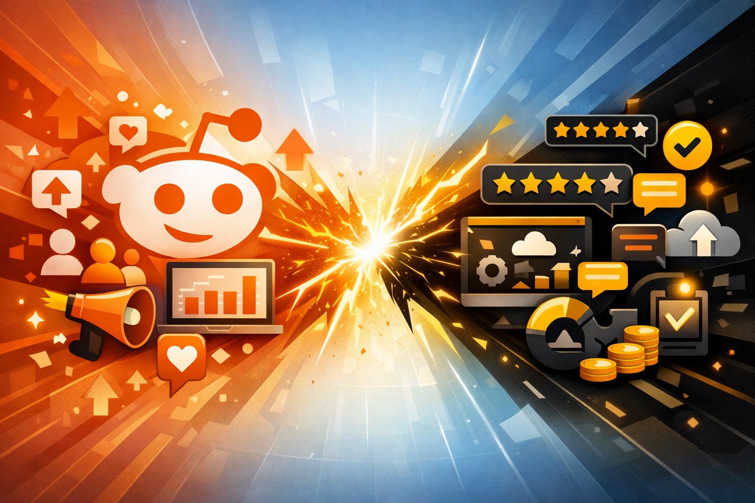 An illustration showing two sides representing Reddit and G2 competing in SaaS marketing, with symbols of social media and user reviews on a clean digital background.