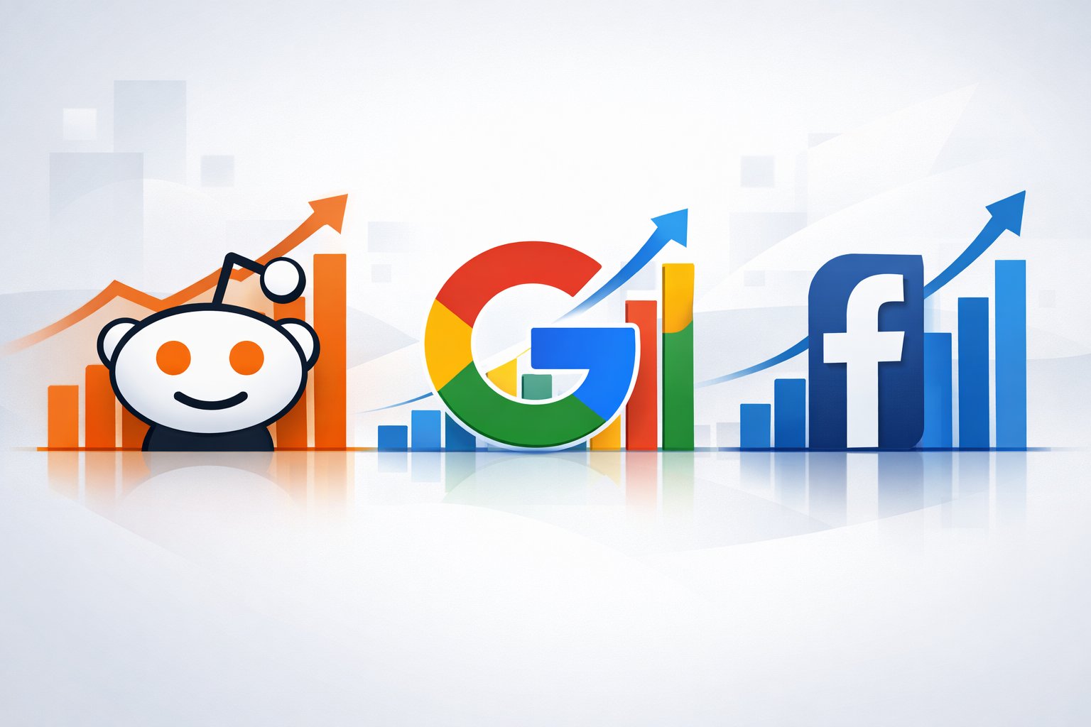 Three digital marketing symbols representing Reddit, Google, and Facebook with upward-trending growth charts behind each, illustrating long-term growth comparison.