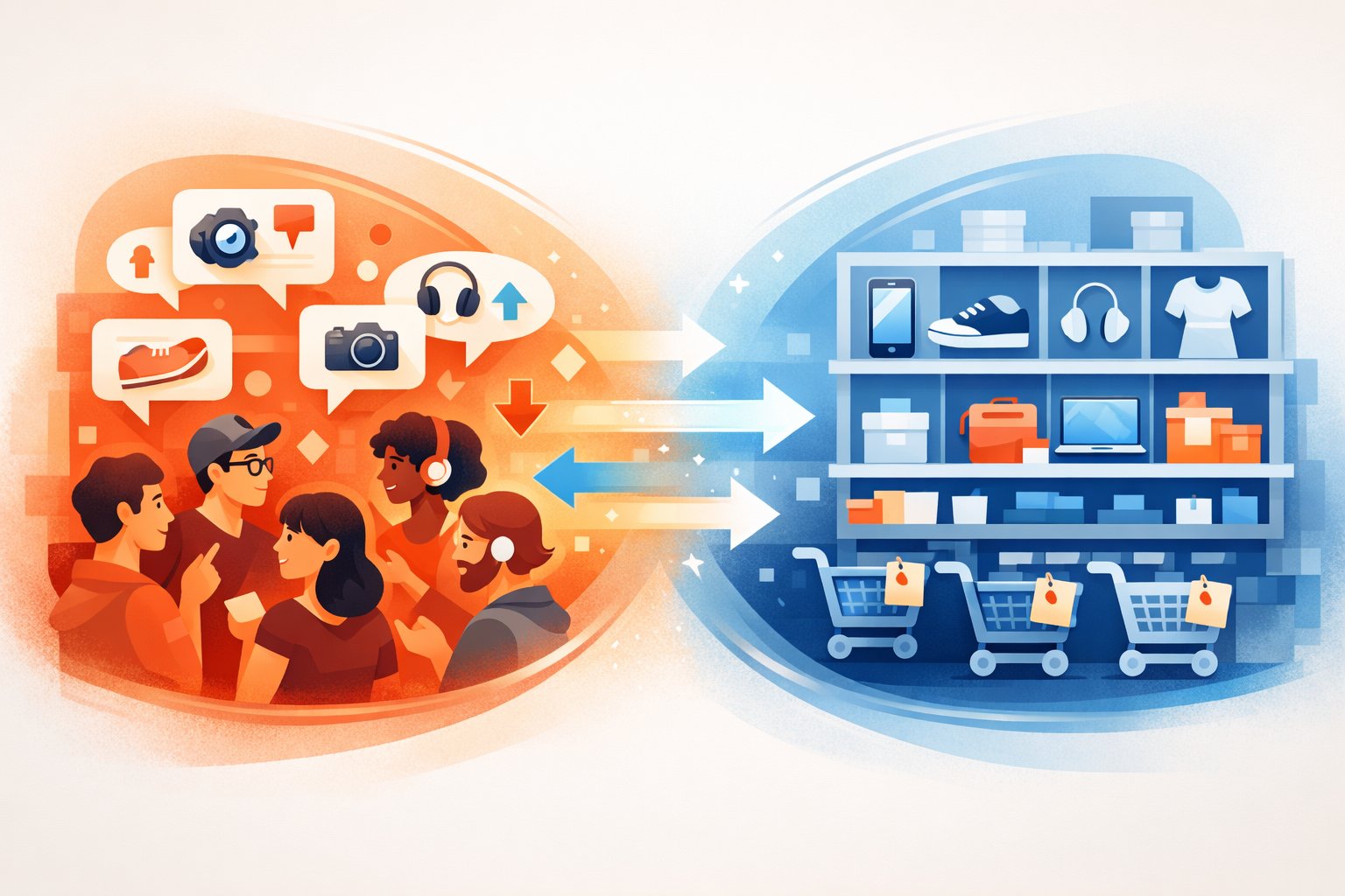 A split scene showing people discussing products on one side and organized product shelves with shopping carts on the other, illustrating two ways to discover products.