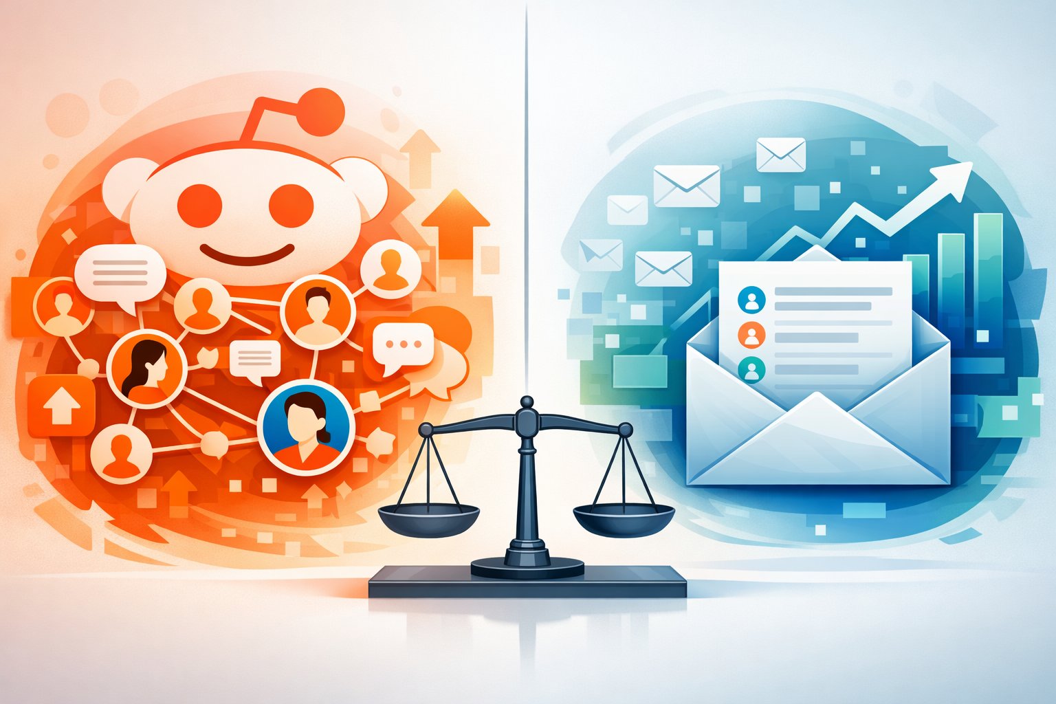 An illustration comparing Reddit and newsletters for audience growth, showing Reddit with its community icons on one side and newsletters with email and growth symbols on the other side.