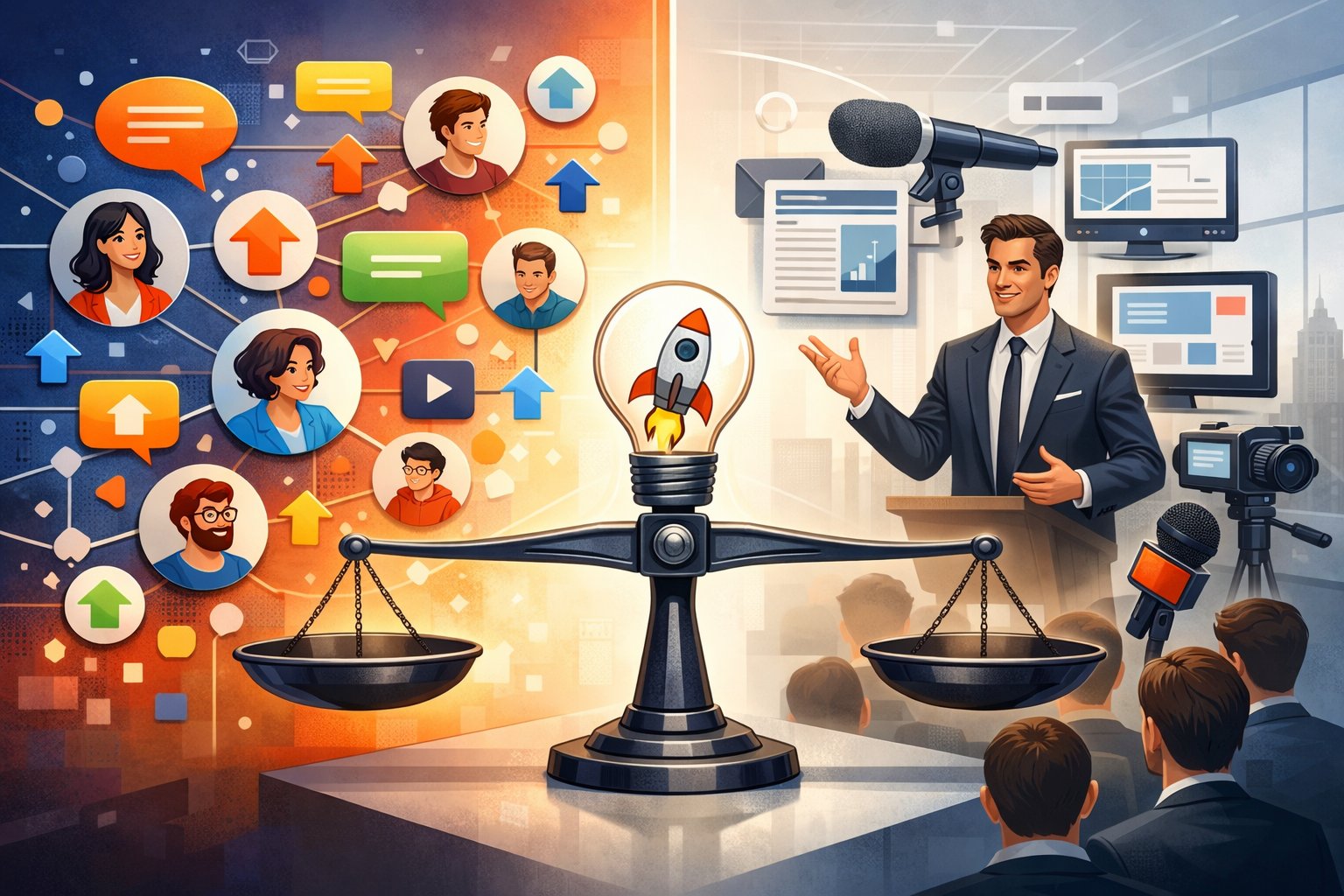 A split scene showing online community interactions on one side and a corporate spokesperson presenting to media on the other, with a startup symbol balanced between them.