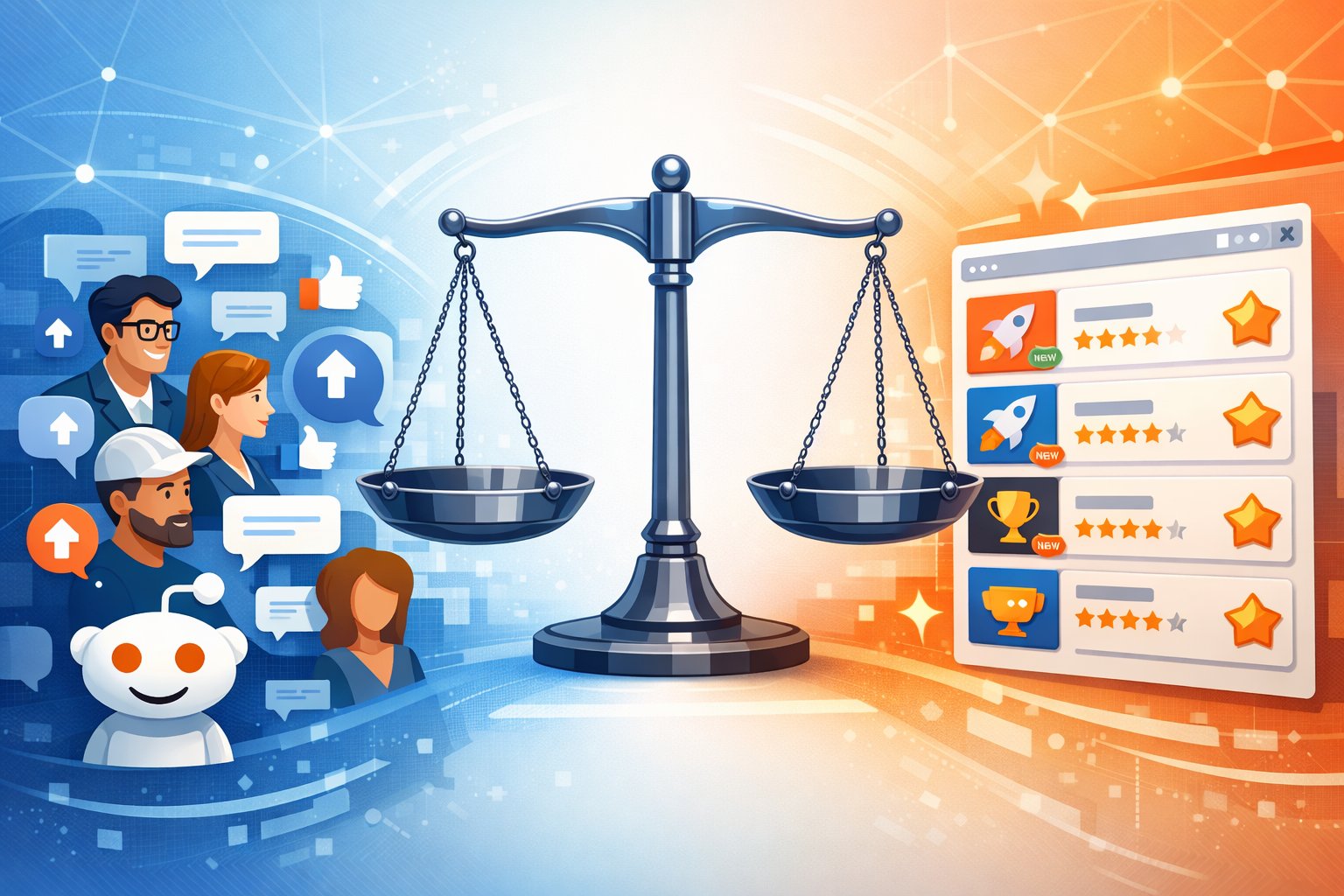 An illustration showing two sides representing Reddit and Product Hunt as platforms for product launches, with user interactions on one side and a curated product list on the other, connected by a visual metaphor of competition.