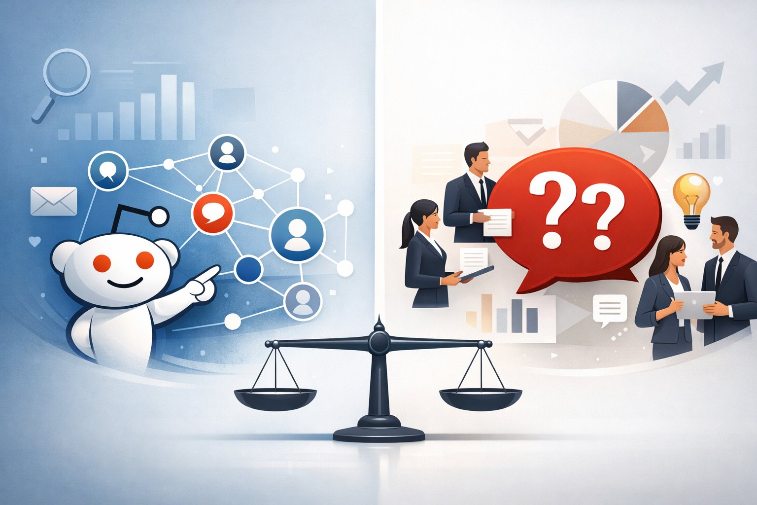 An illustration showing a comparison between Reddit and Quora for business leads with the Reddit alien mascot on one side connected to network nodes and Quora symbols with business professionals on the other side, separated by a balance scale.