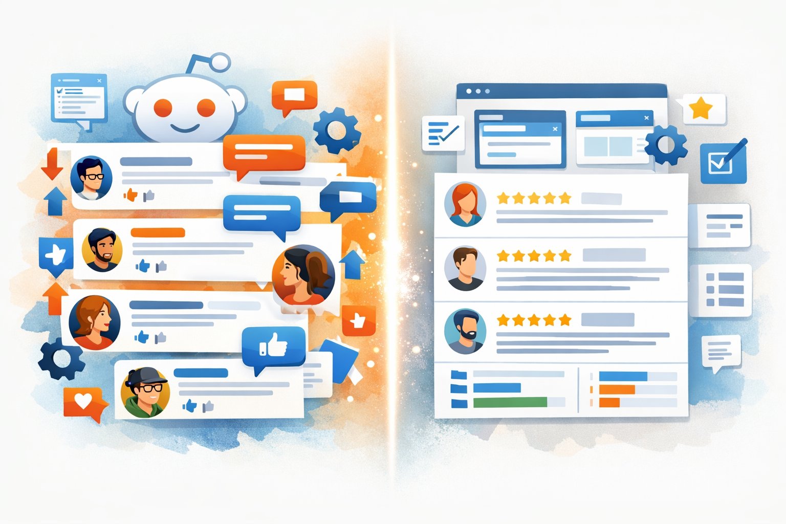 An illustration showing a comparison between a community discussion platform and a structured review site for discovering software, with people interacting on one side and star ratings and reviews on the other.