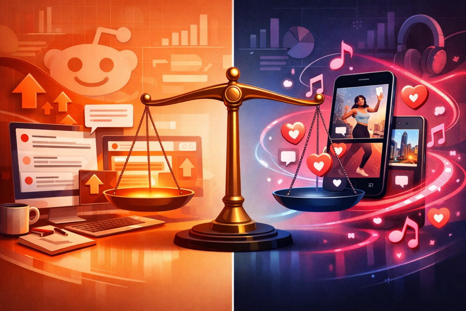 A split illustration showing a digital workspace with Reddit’s alien mascot and discussion threads on one side, and a smartphone with TikTok videos and social icons on the other, representing a comparison of business marketing on both platforms.