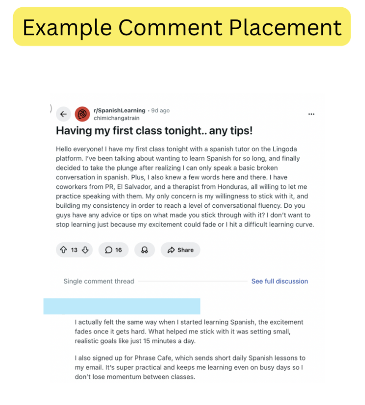 Example of comment placement on Reddit